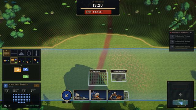 Draufsicht auf die Aufstellungszone mit platzierten Verbänden und Countdown