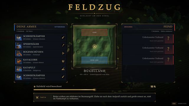 Ladebildschirm mit dem Titel FELDZUG, Kartenvorschau, beiden Armeen und Fortschrittsbalken