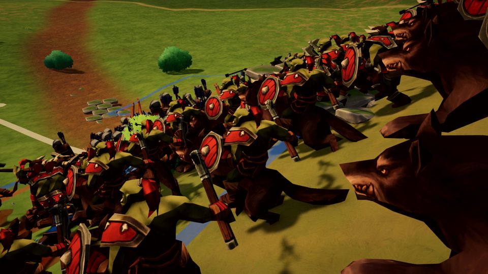 Ork-Krieger mit roten Schilden und riesige Wölfe drängen nach vorn