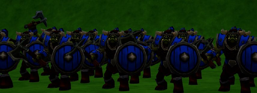 Eine Reihe Ork-Krieger mit runden Schilden und gehörnten Helmen