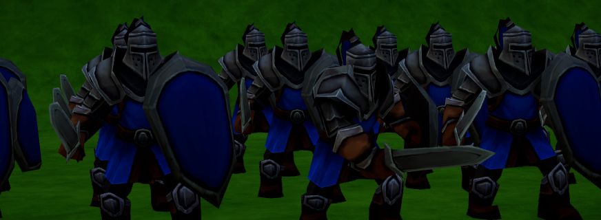Eine Reihe Ritter-Schwertkämpfer mit blauen Langschilden und Visierhelmen
